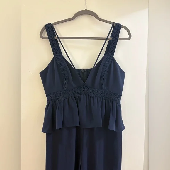 BCBGMAXAZRIA Navy Crepe Embroidered Peplum Jumpsuit - Picture 6 of 13
